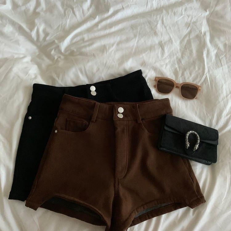 High Waist Plain Asymmetrical Denim Hot Pants Product Image