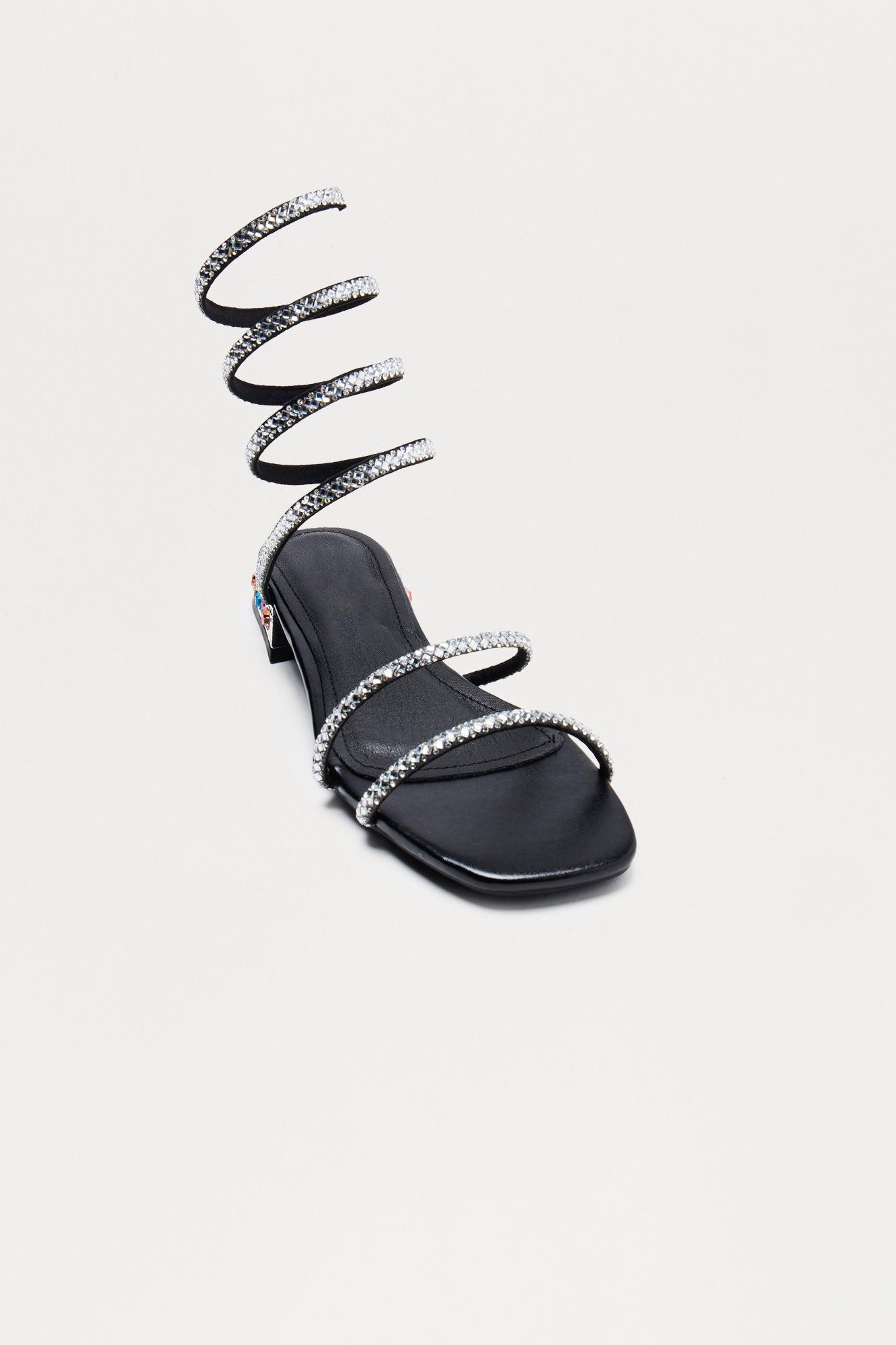 Vessy Rhinestone Wrap Up Sandals - Black Product Image