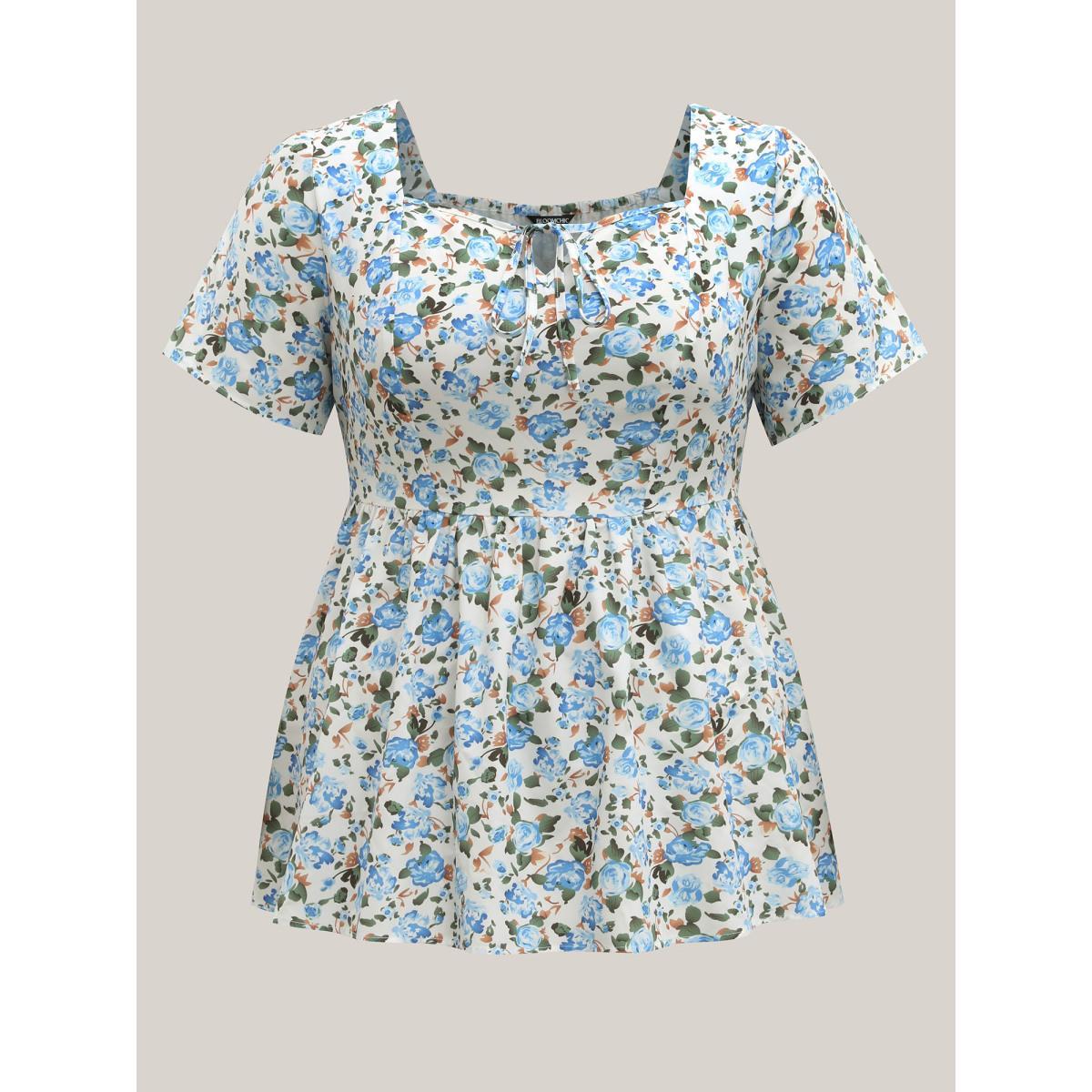 Plus Size Multicolor Floral Print Square Neck Babydoll Top Women Short sleeve Heart neckline Everyday-Elegant Blouses BloomChic 18-20/2X Product Image