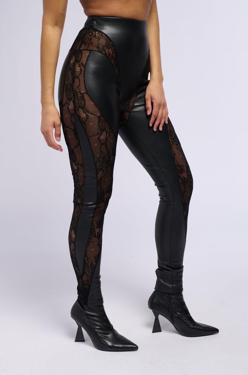 LACE DETAIL PANELED FAUX LEATHER LEGGINGS IN BLACK Product Image