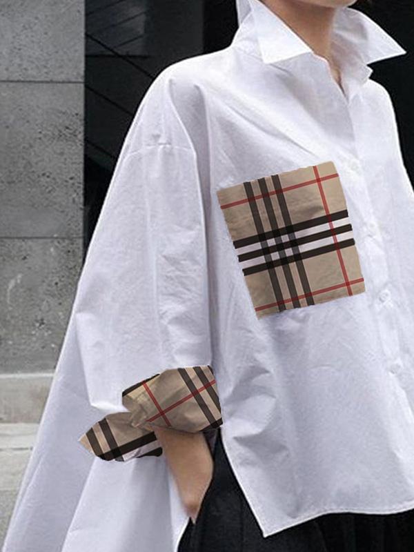 High-Low Long Sleeves Buttoned Plaid Pockets Split-Joint Split-Side Lapel Blouses&Shirts Tops Product Image