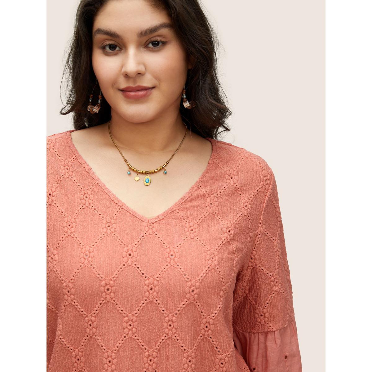 Plus Size Plain Texture Broderie Anglaise Patchwork T-shirt Salmon Women Resort Texture Plain V-neck Vacation T-shirts BloomChic 18-20/2X Product Image
