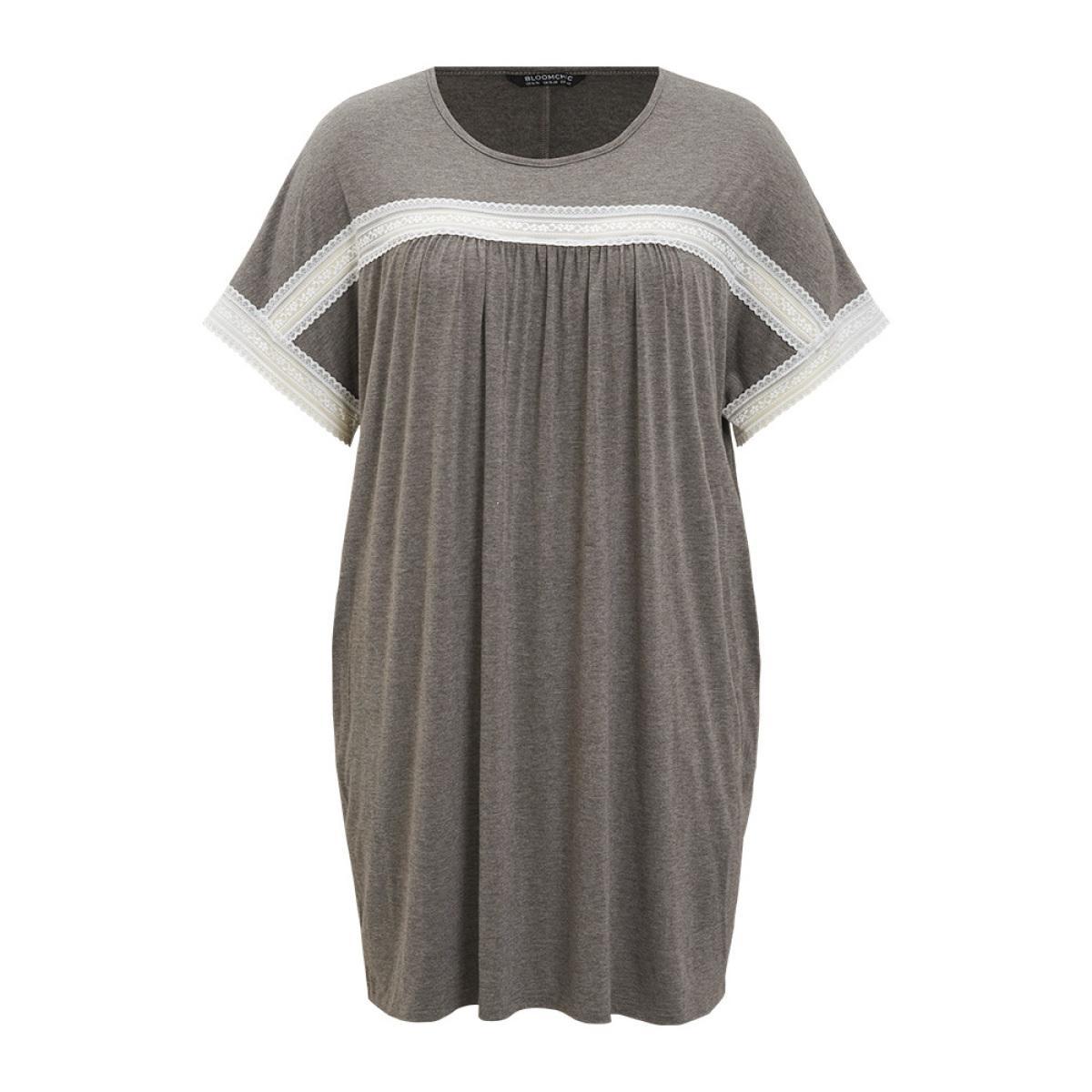 Plus Size Plain Lace Batwing Sleeve Pocket Gathered Dress DimGray Women Casual Gathered Round Neck Short sleeve Curvy Knee Dress BloomChic 10/M Product Image