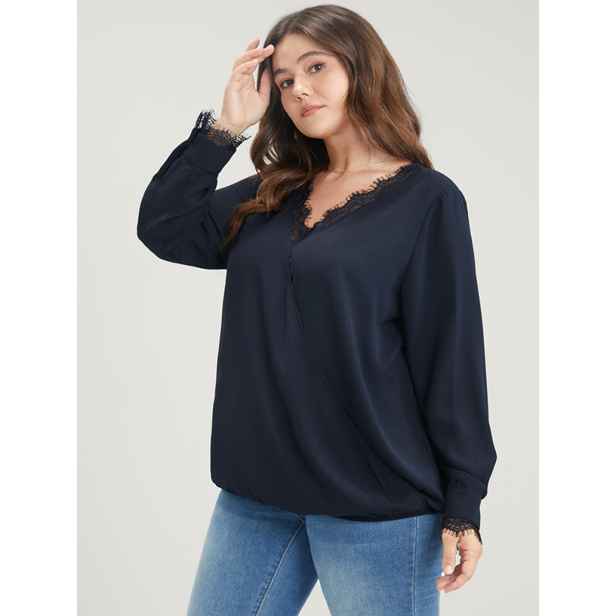 Plus Size DarkBlue Solid Lace Trim Wrap Blouse Women Elegant Long Sleeve V-neck Dailywear Blouses BloomChic 28/5X Product Image
