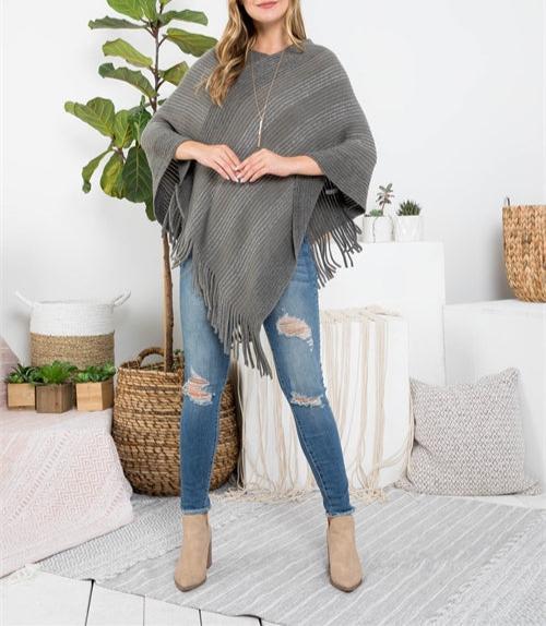Knitted Fringe Striped Gray Poncho Product Image