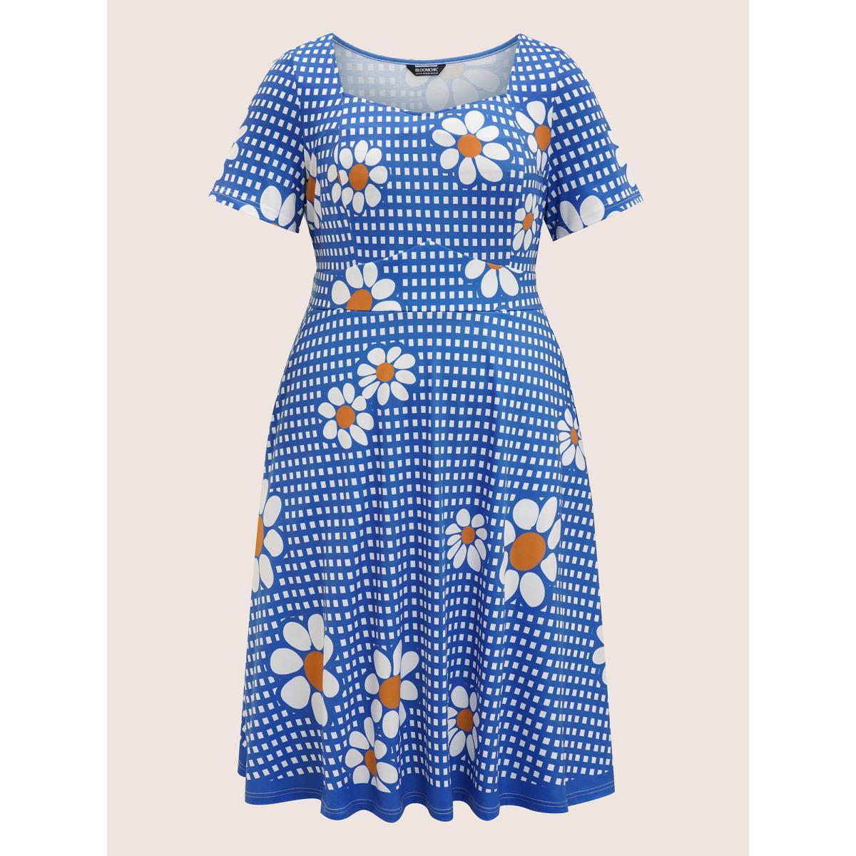 Plus Size Gingham Floral Elastic Waist Midi Dress Skyblue Women Casual Non Heart neckline Short sleeve Curvy BloomChic 10/M Product Image