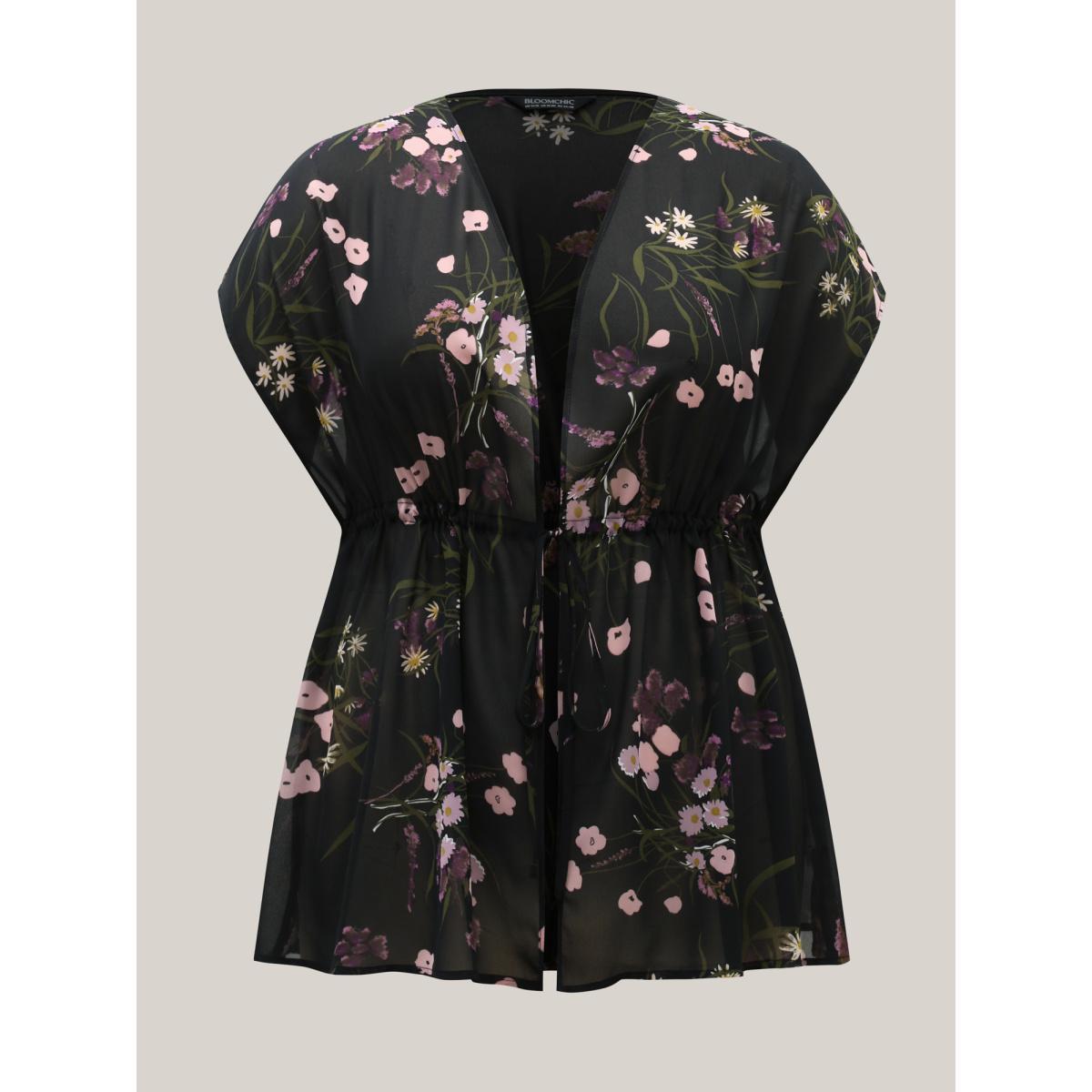 Plus Size Floral Print Waist-Tie Mini Kimono Women Black See through Everyday-Elegant Kimonos BloomChic 18-20/2X Product Image