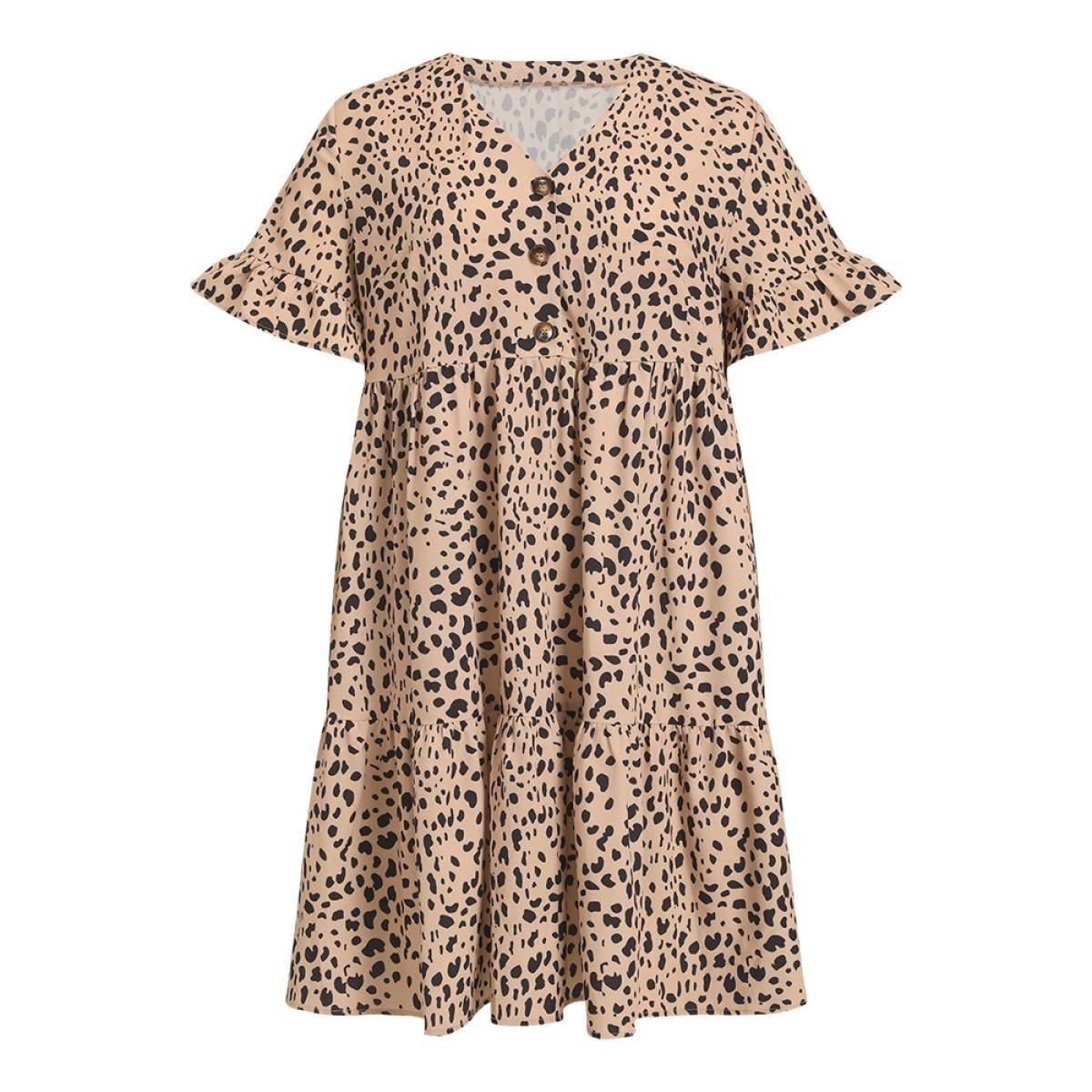 Plus Size Leopard Print Bell Sleeve Button Up Ruffle Layered Hem Dress Leopard Women Elegant Button V-neck Half Sleeve Curvy Knee Dress BloomChic 18-20/2X Product Image