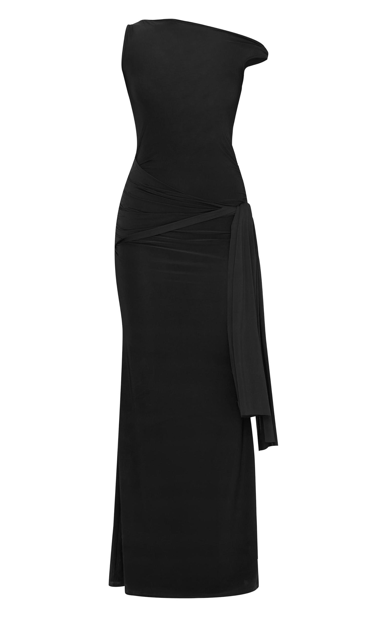 Black Slinky Off Shoulder Wrap Detail Maxi Dress Product Image