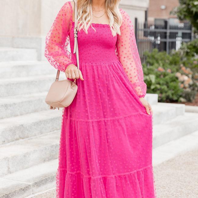 Figuring It Out Hot Pink Off The Shoulder Daisy Mesh Tiered Maxi Dress FINAL SALE Product Image