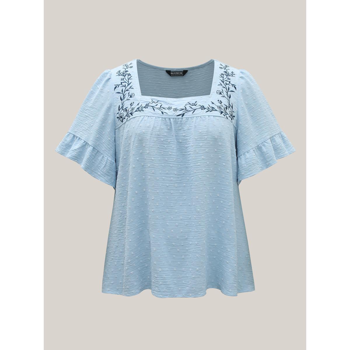 Plus Size LightBlue Textured Floral Embroidered Flared Sleeve Shirt Women Resort Short sleeve Square Neck Vacation Blouses BloomChic 12/L Product Image