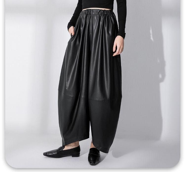 High Rise Plain Faux Leather Cropped Wide Leg Pants Product Image