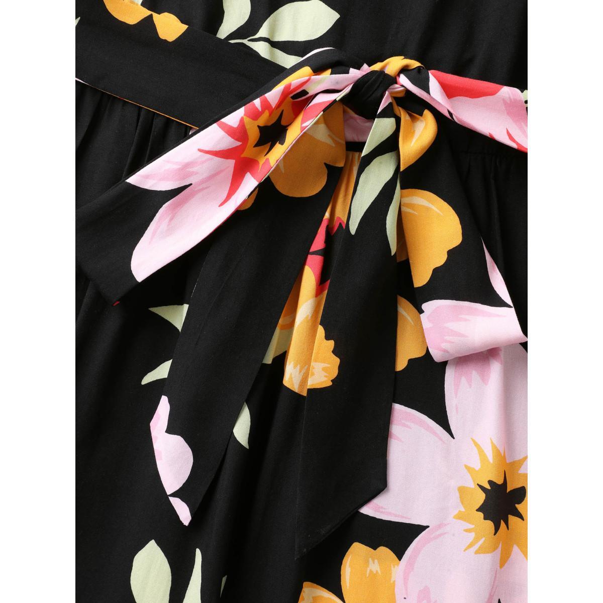 Plus Size Rayon Sunkissed Florals Belted Pockets Midi Dress Black Women Heart neckline Short sleeve Curvy BloomChic 18-20/2X Product Image