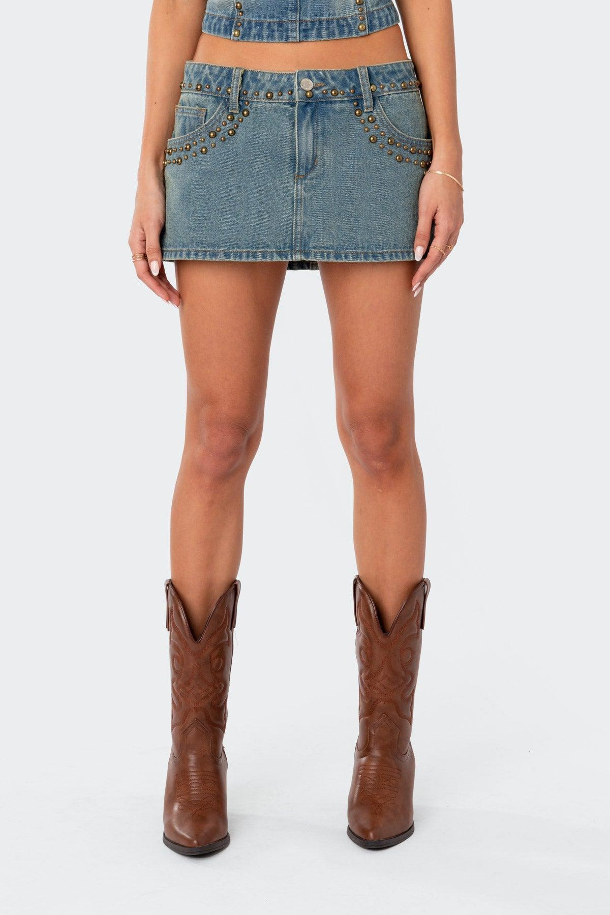 Studded Low Rise Washed Denim Mini Skirt Product Image