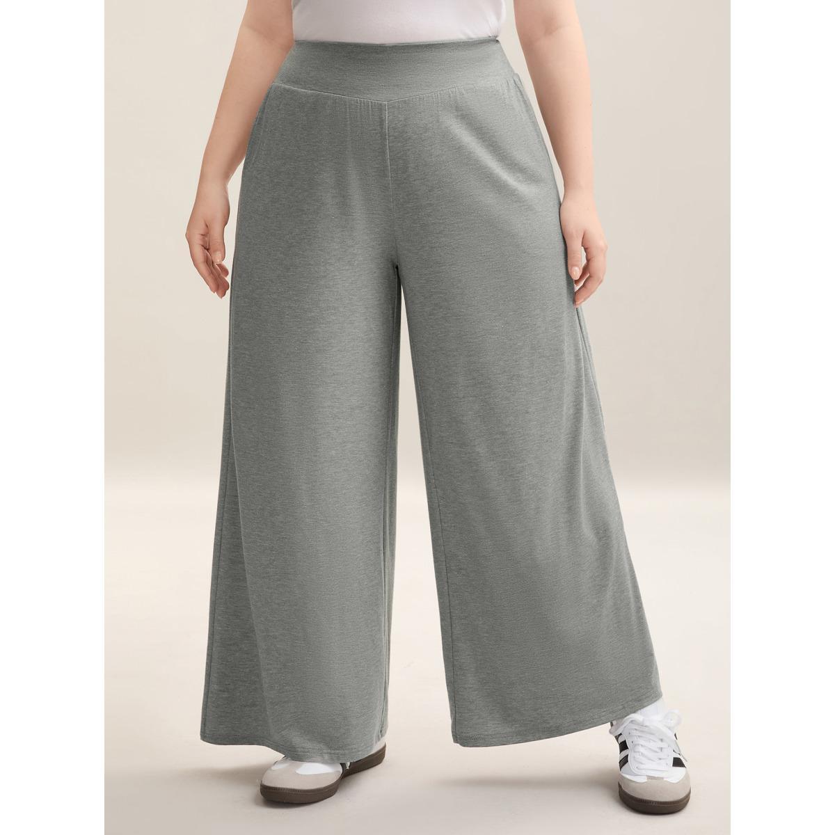 Plus Size Shirred Waist Wide Leg Pull-On Pants Women LightGray Casual Wide Leg Mid Rise Everyday Pants BloomChic 26/4X Product Image