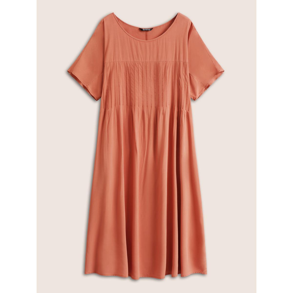Plus Size Plain Pleated Pocket Rayon Midi Dress Coral Women Casual Non Round Neck Short sleeve Curvy Midi Dress BloomChic 10/M Product Image