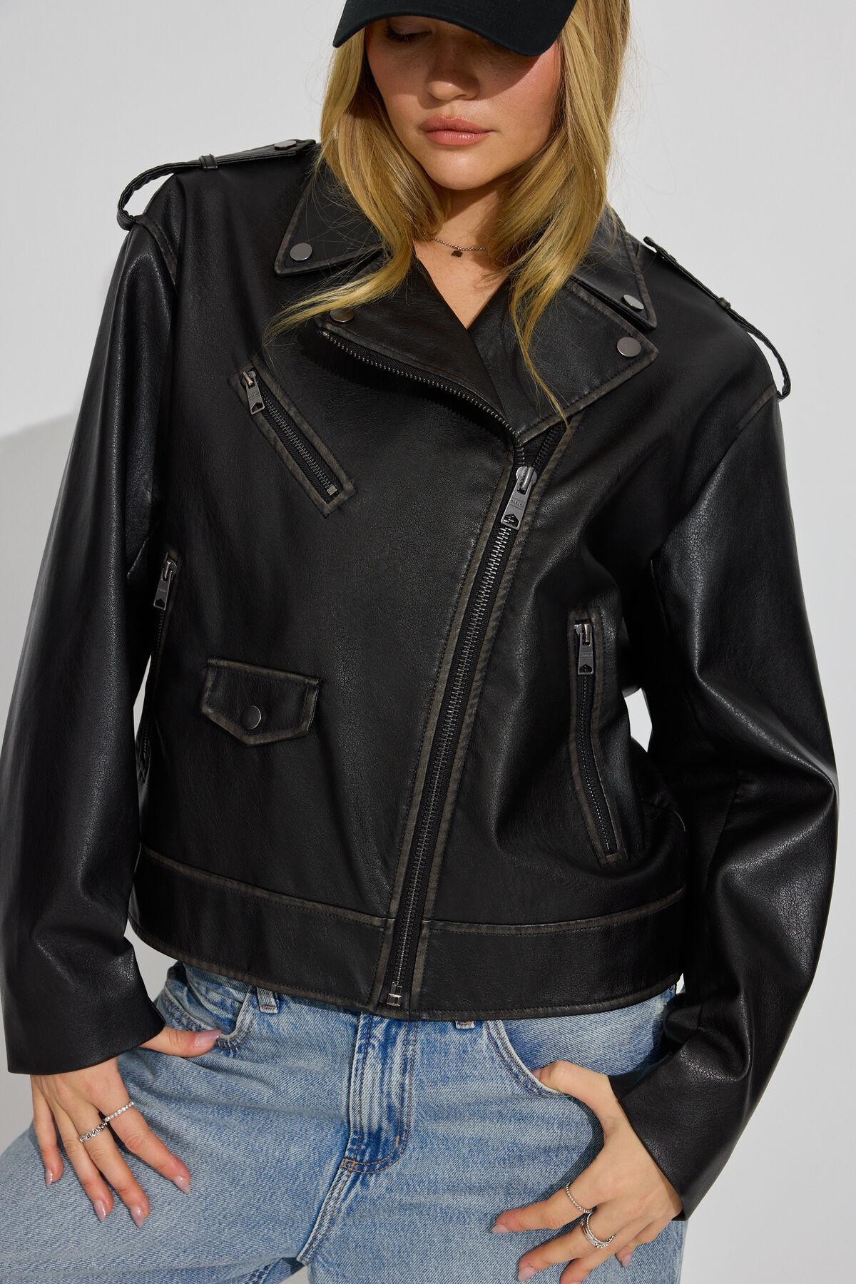 Washed Faux Leather Biker Jacket Product Image