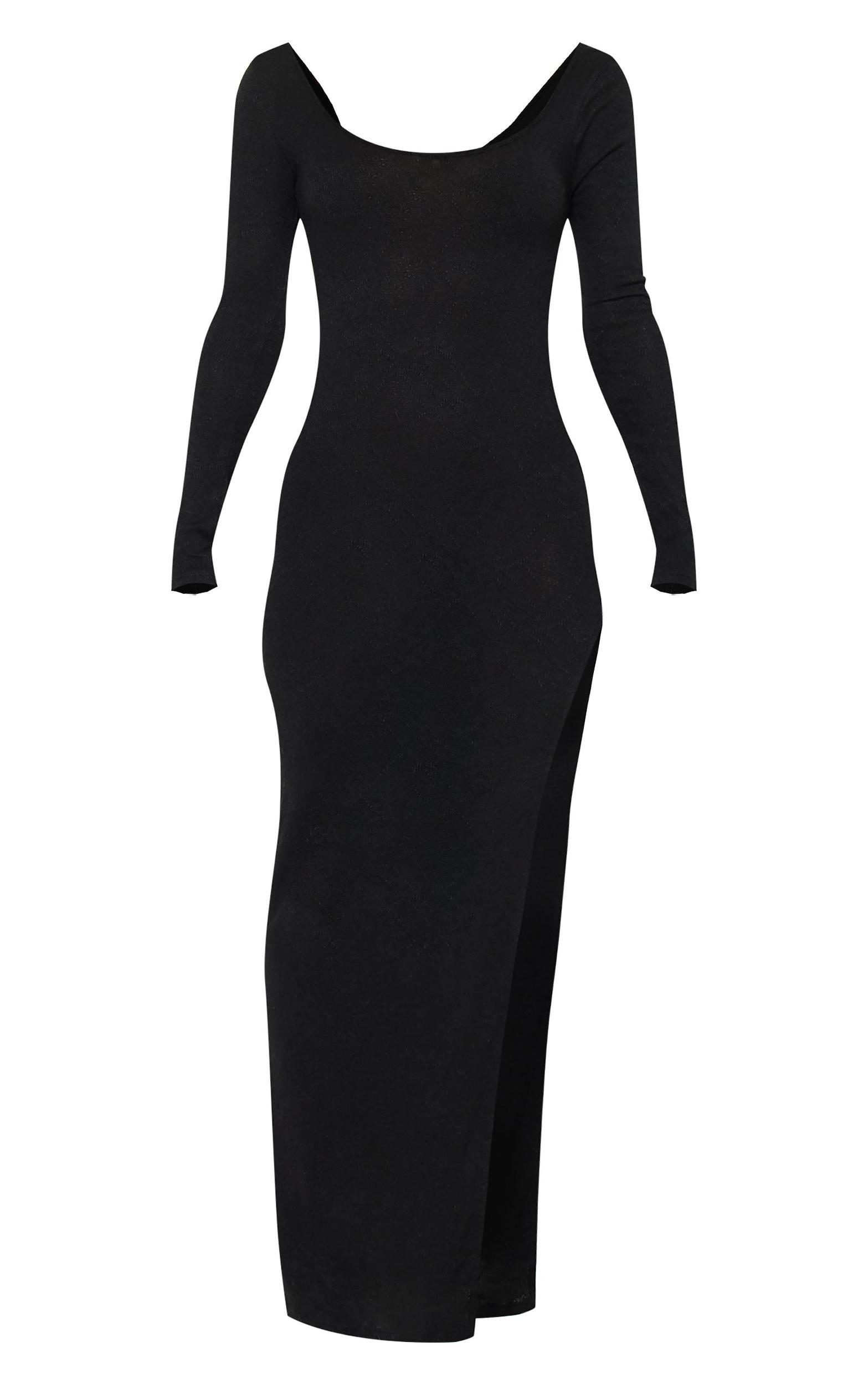 Black Textured Lace Up Back Detail Maxi Dress Product Image