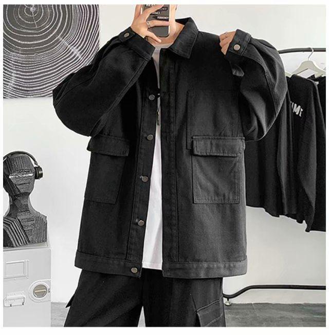 Washed Button-Up Denim Jacket Product Image
