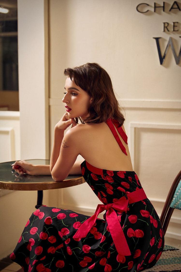 Black & Red Cherry Halter Dress Product Image