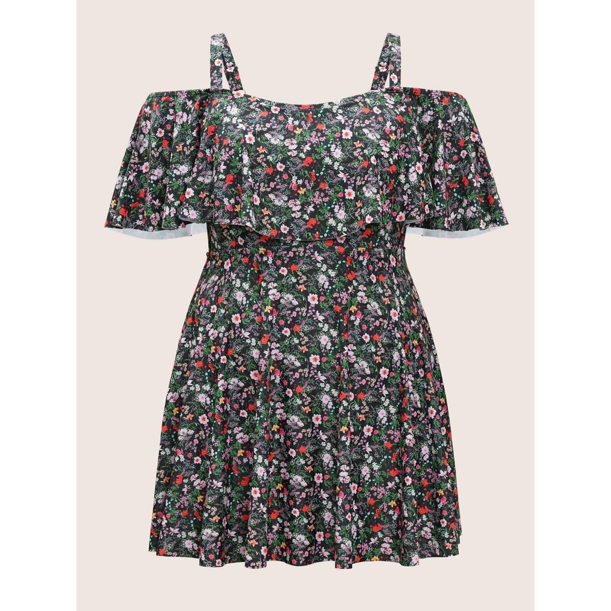 Plus Size Ditsy Floral Ruffles Cold Shoulder Swim Dress Women's Swimwear Black Beach Bodycon One-shoulder neck High stretch Curve Swim Dresses BloomChic 22-24/3X Product Image