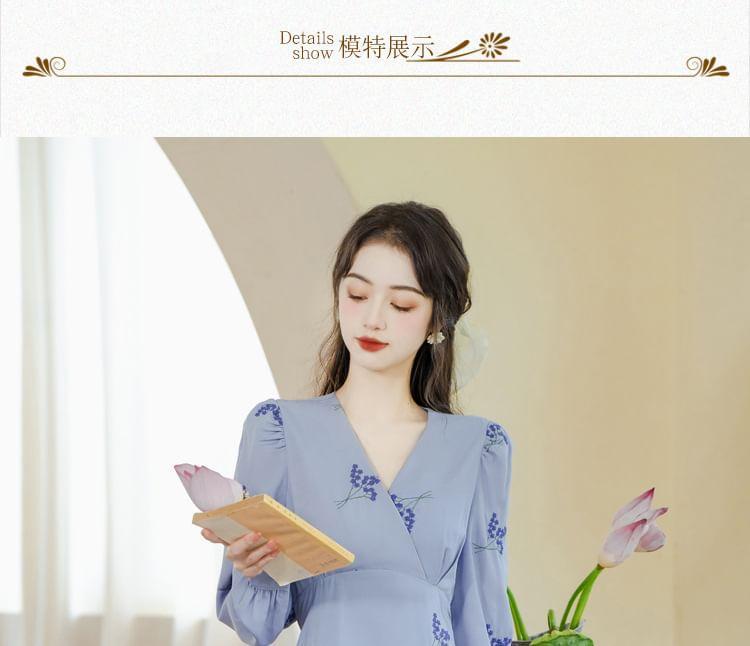 Long Sleeve V-Neck Floral Embroidered Midi A-Line Wrap Dress Product Image
