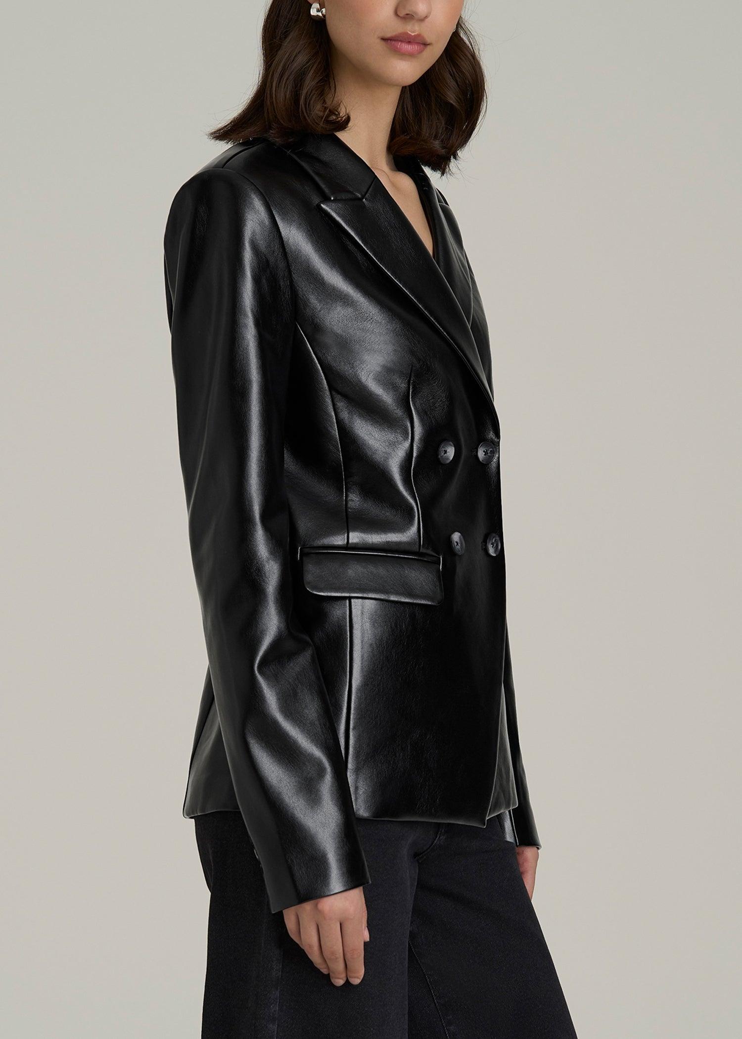 Faux Leather Double Breasted Blazer for Tall Women in Black Product Image