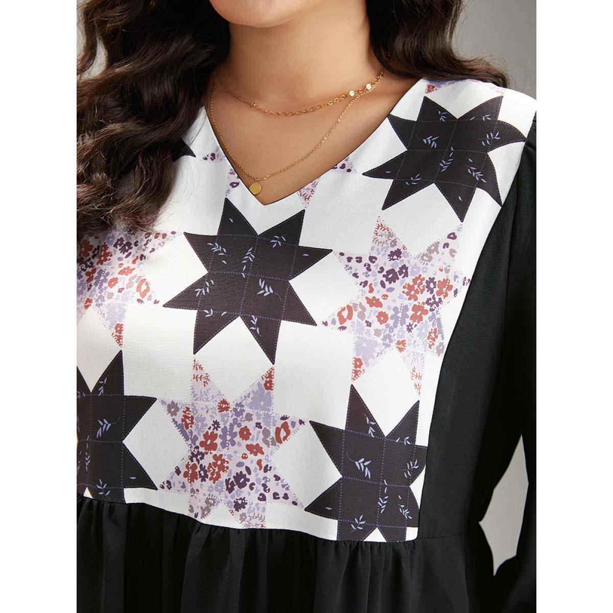 Plus Size Geometric Colorblock Pocket Gathered Dress Black Women Vacation Printed V-neck Elbow-length sleeve Curvy Midi Dress BloomChic 12/L Product Image