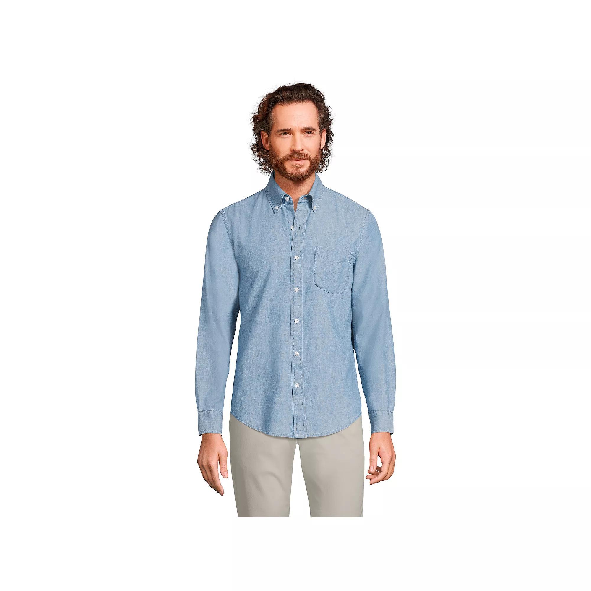 Mens Lands End Button-Down Traditional Fit Chambray Shirt Blue Chambray Product Image