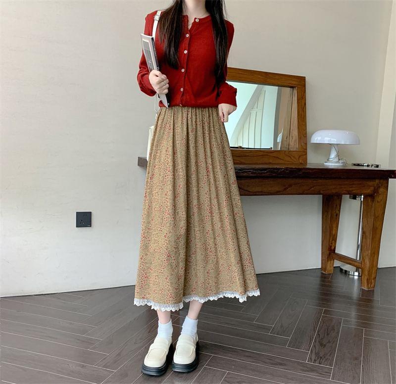 High Rise Floral Print Lace-Trim Midi A-Line Skirt Product Image