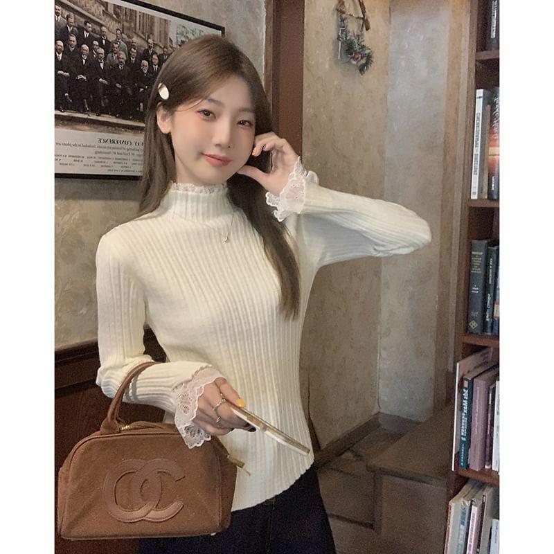 Mock Neck Plain Lace Trim Ribbed Sweater Product Image