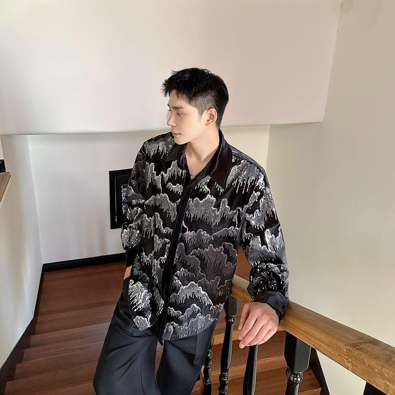 Long-Sleeve Patterned Sequin Shirt Product Image
