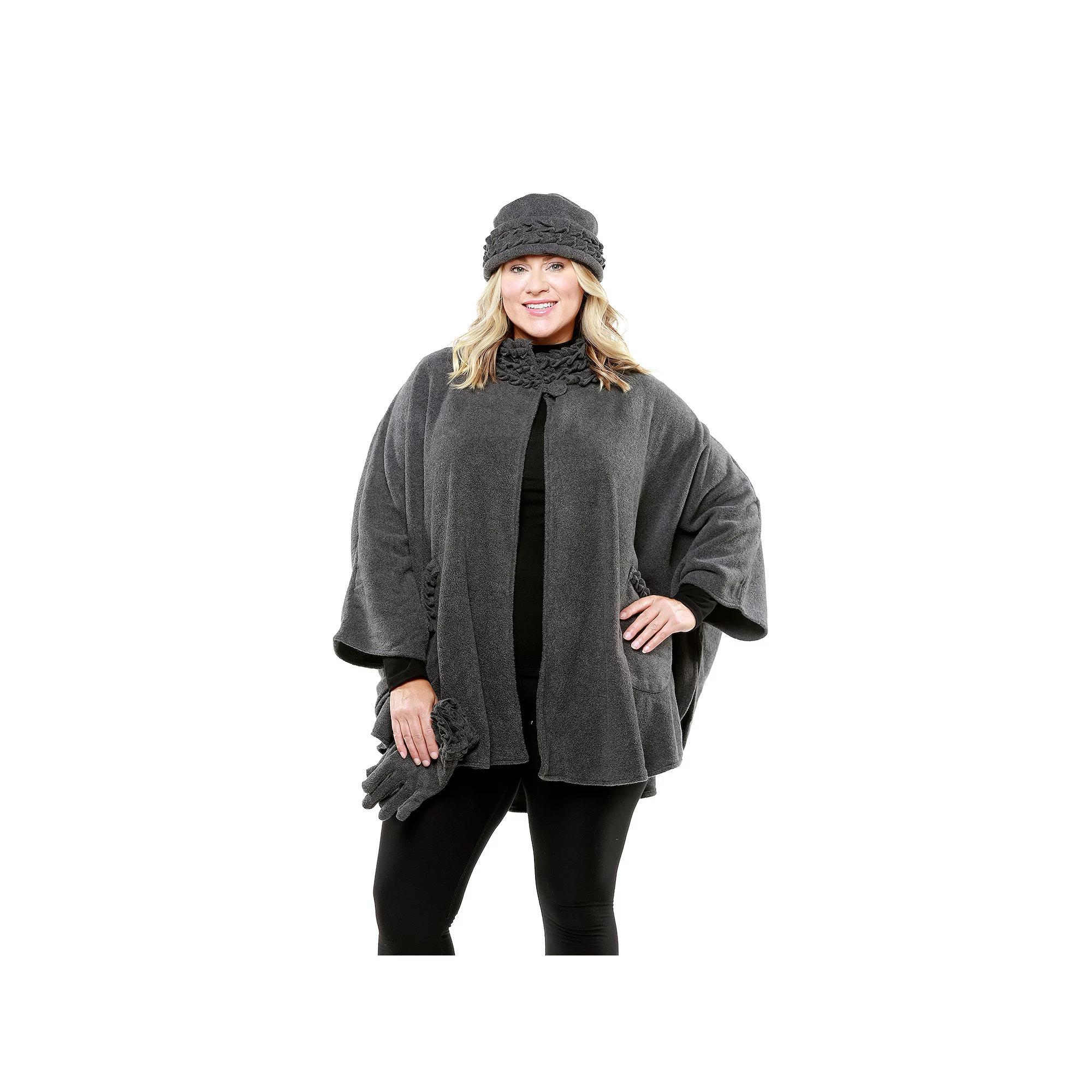 Women's Linda Anderson Le Moda Ruffle Trim Fleece Cape, Glove, & Hat Set, Grey Product Image