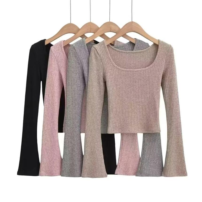 Flare-Sleeve Square Neck Plain Knit Top Product Image