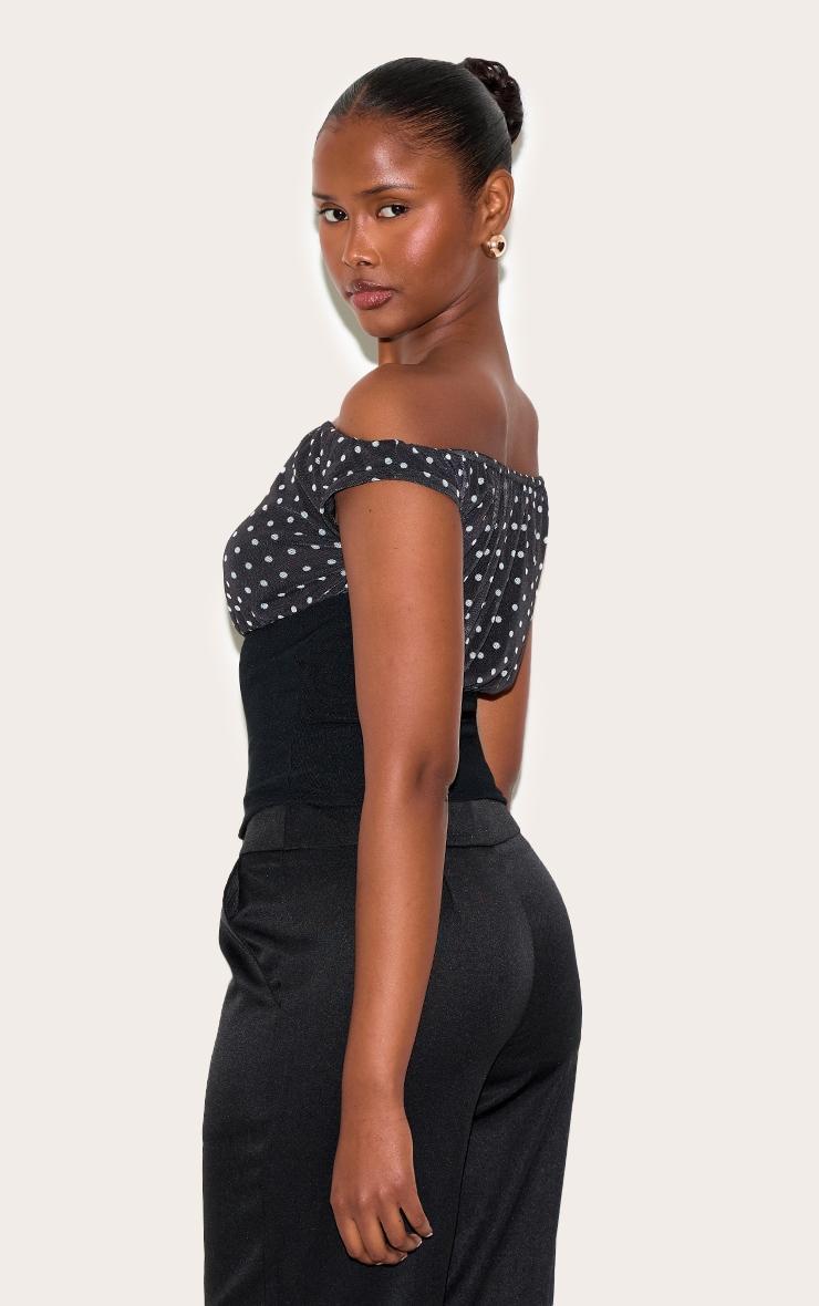 Monochrome Polka Dot Detail Mesh Bardot Top Product Image