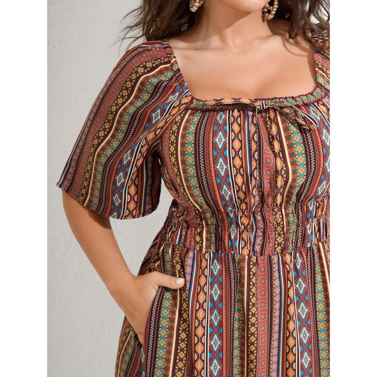 Plus Size Striped Cinched-Waist Midi Dress Yellowishbrown Women Tie knot Square Neck Half Sleeve Curvy BloomChic 18-20/2X Product Image