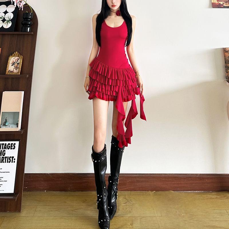 Sleeveless Crew Neck Plain Ruffle Tiered Mini A-Line Dress Product Image