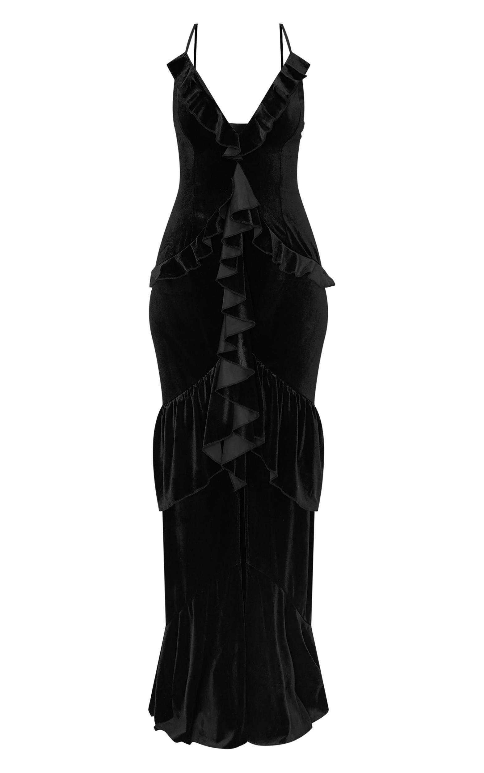 Tall Black Velvet Textured Frill Maxi Dress Product Image