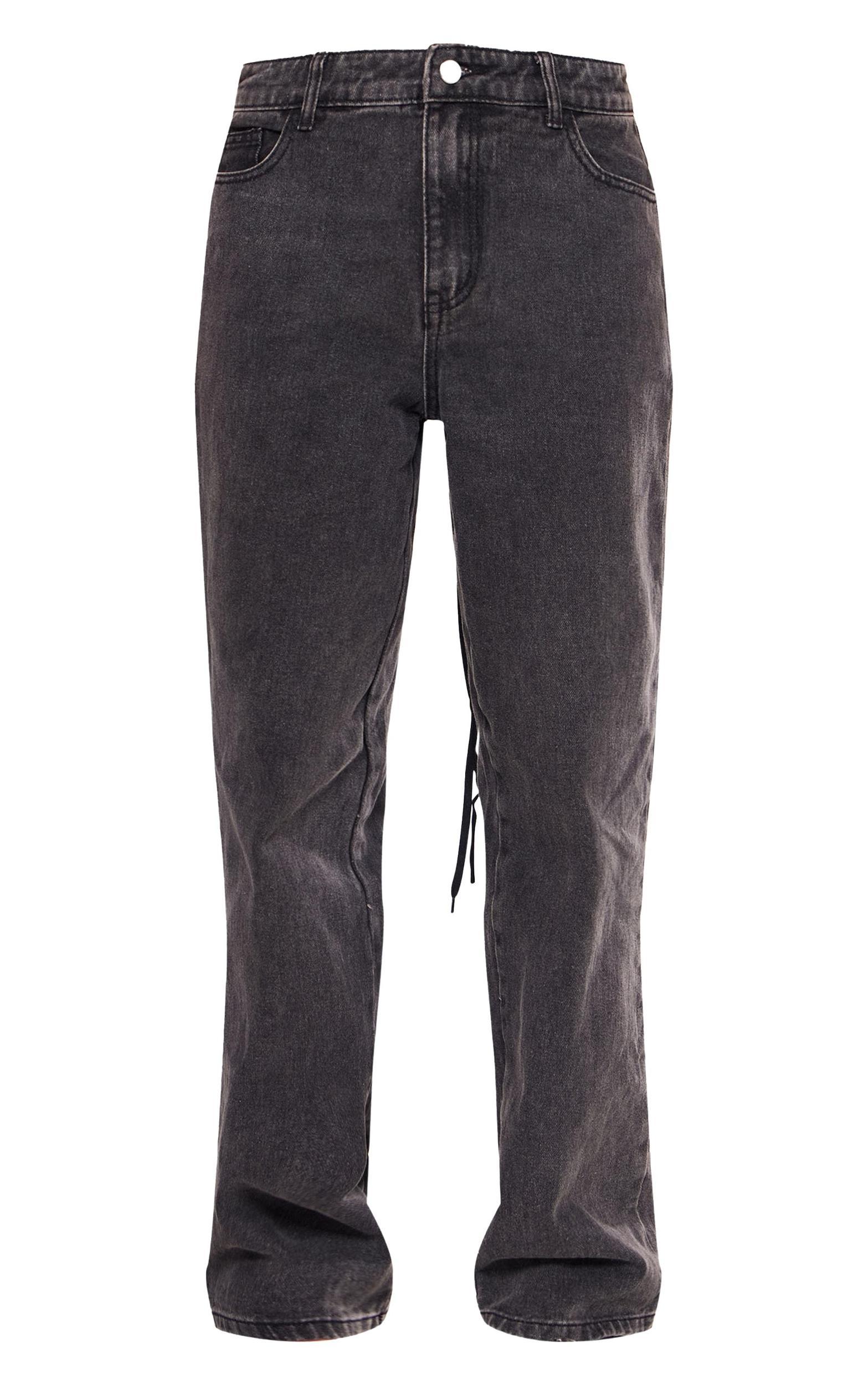 Petite Black Acid Wash Lace Up Back Wide Leg Jeans Product Image