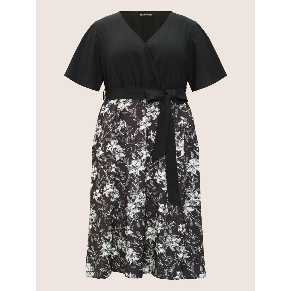 Plus Size Floral Patchwork Pocket Belt Surplice Neck Ruffle Hem Dress Black Women Elegant Patchwork V-neck Short sleeve Curvy Midi Dress BloomChic 30/6X Product Image