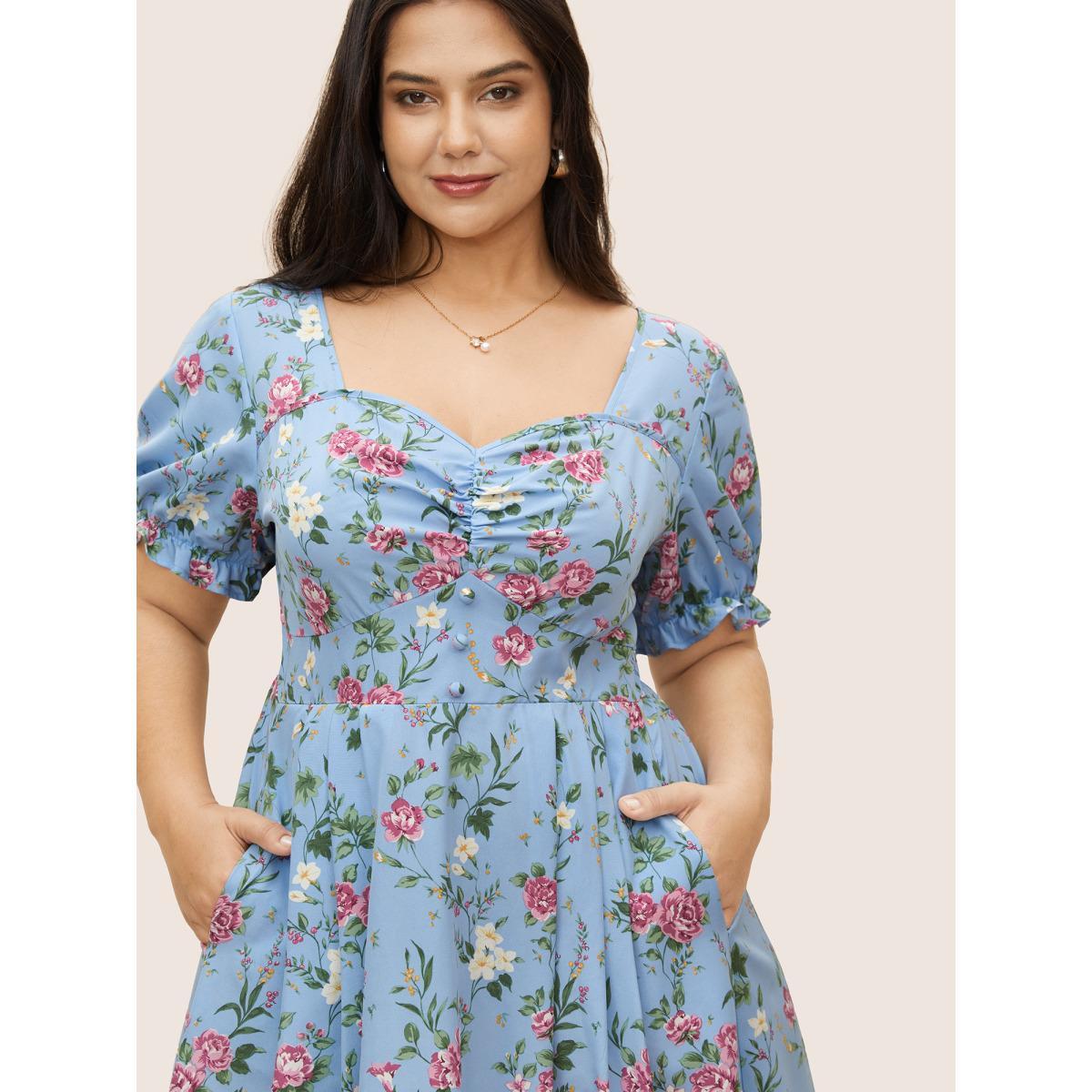 Plus Size Floral Heart Neckline Shirred Lantern Sleeve Dress LightBlue Women Elegant Gathered Heart neckline Short sleeve Curvy Midi Dress BloomChic 10/M Product Image