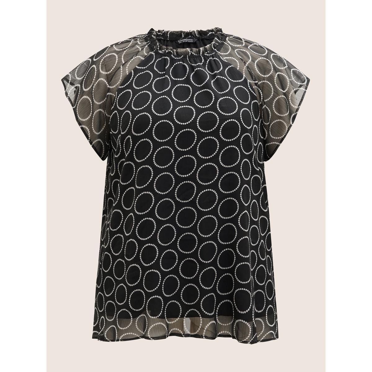 Plus Size Black Polka Dot Mock Neck Mesh Patchwork Blouse Women Workwear Essentials Cap Sleeve Round Neck Work Blouses BloomChic 28/5X Product Image