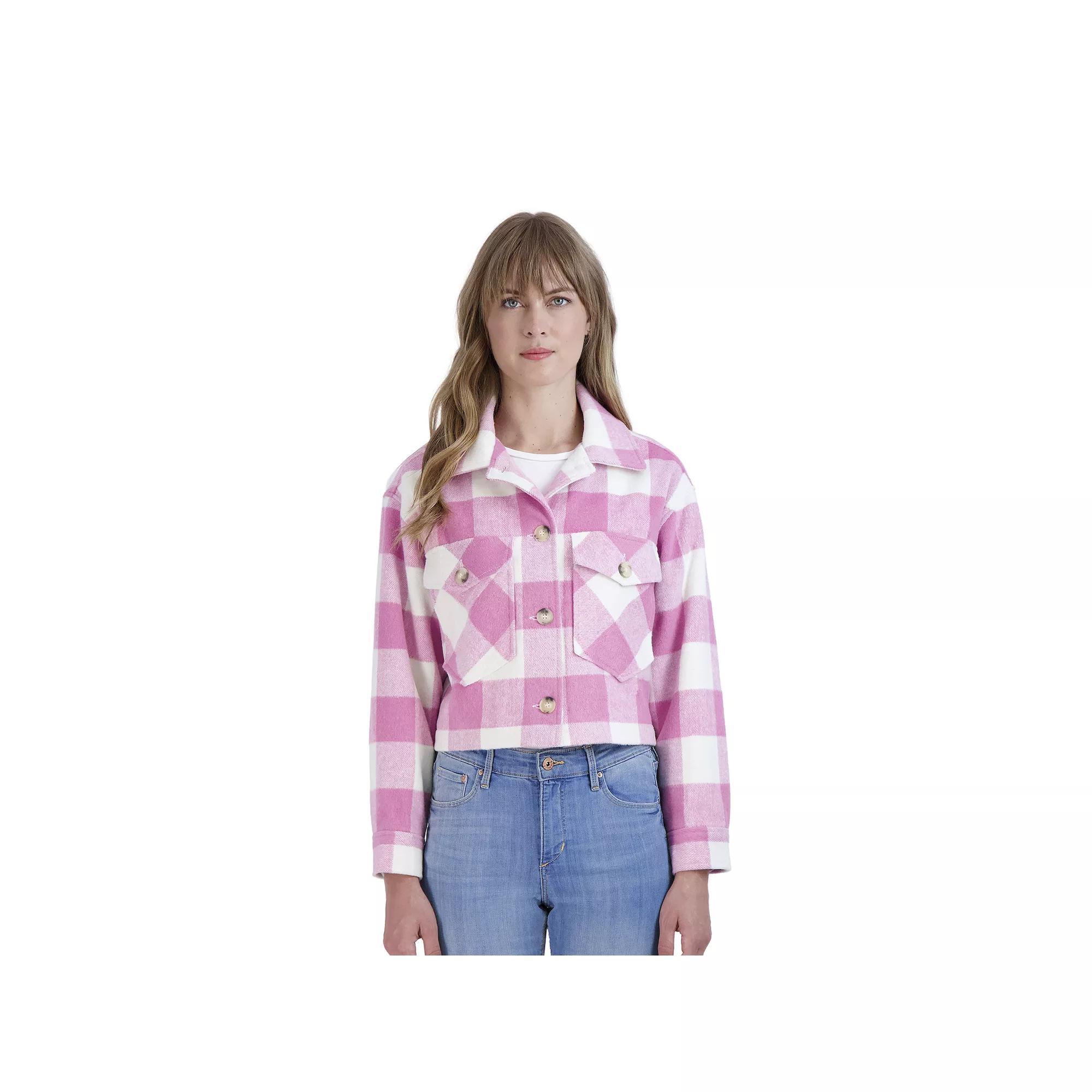 Juniors' Sebby Plaid Faux-Wool Crop Shacket, Women's, Size: Large, Pink White Product Image