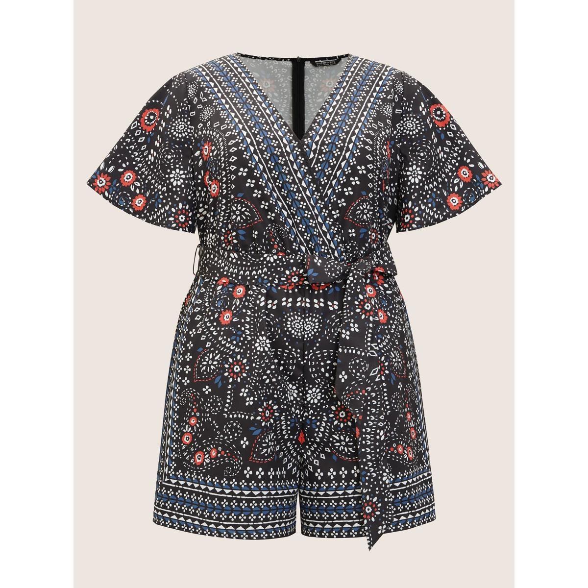 Plus Size Black Bandana Print Belted Pocket Surplice Neck Romper Women Resort Short sleeve V-neck Vacation Loose Jumpsuits BloomChic 12/L Product Image