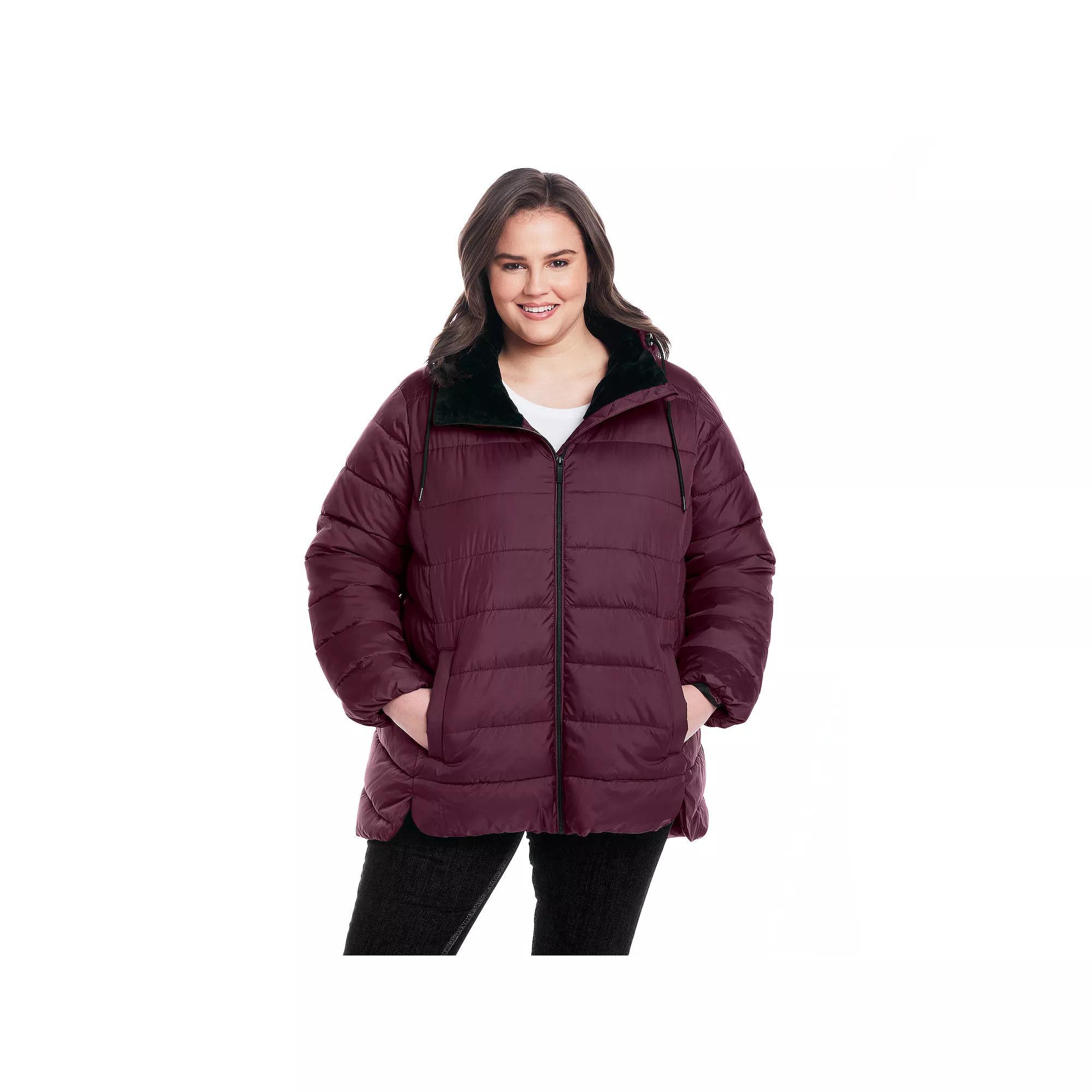 Plus Size Weathercast Hooded Puffer Coat with Cozy Pile, Women's, Size: 1XL, Beechwood Product Image