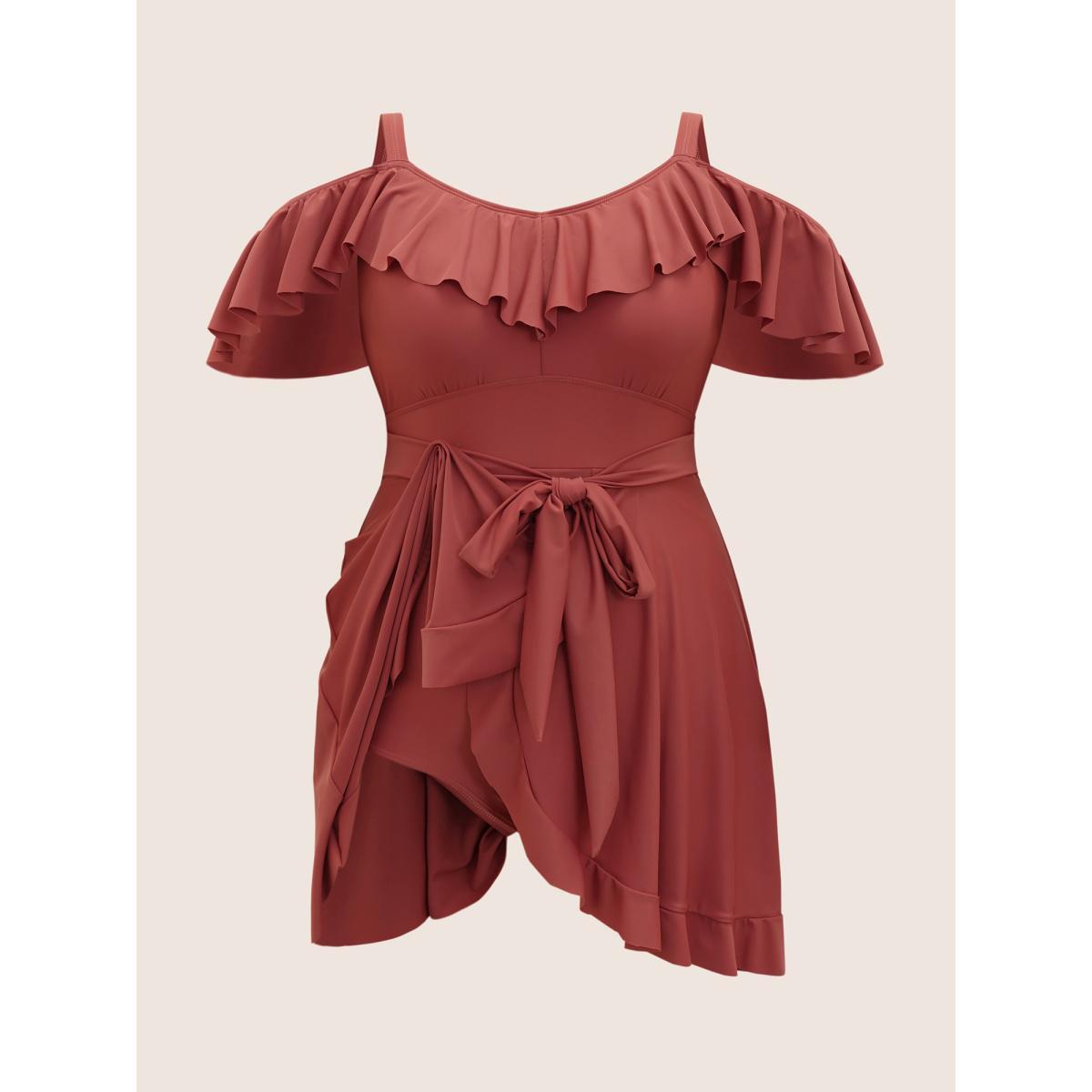 Plus Size Solid Cold Shoulder Ruffles Tie Knot Swim Dress Women's Swimwear Russet Beach Bodycon One-shoulder neck High stretch Curve Swim Dresses BloomChic 18-20/2X Product Image
