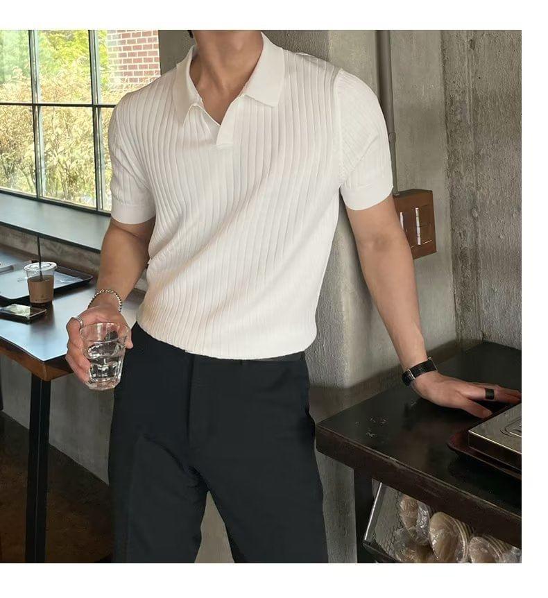 Short-Sleeve Collared Plain Ribbed Knit Top Product Image