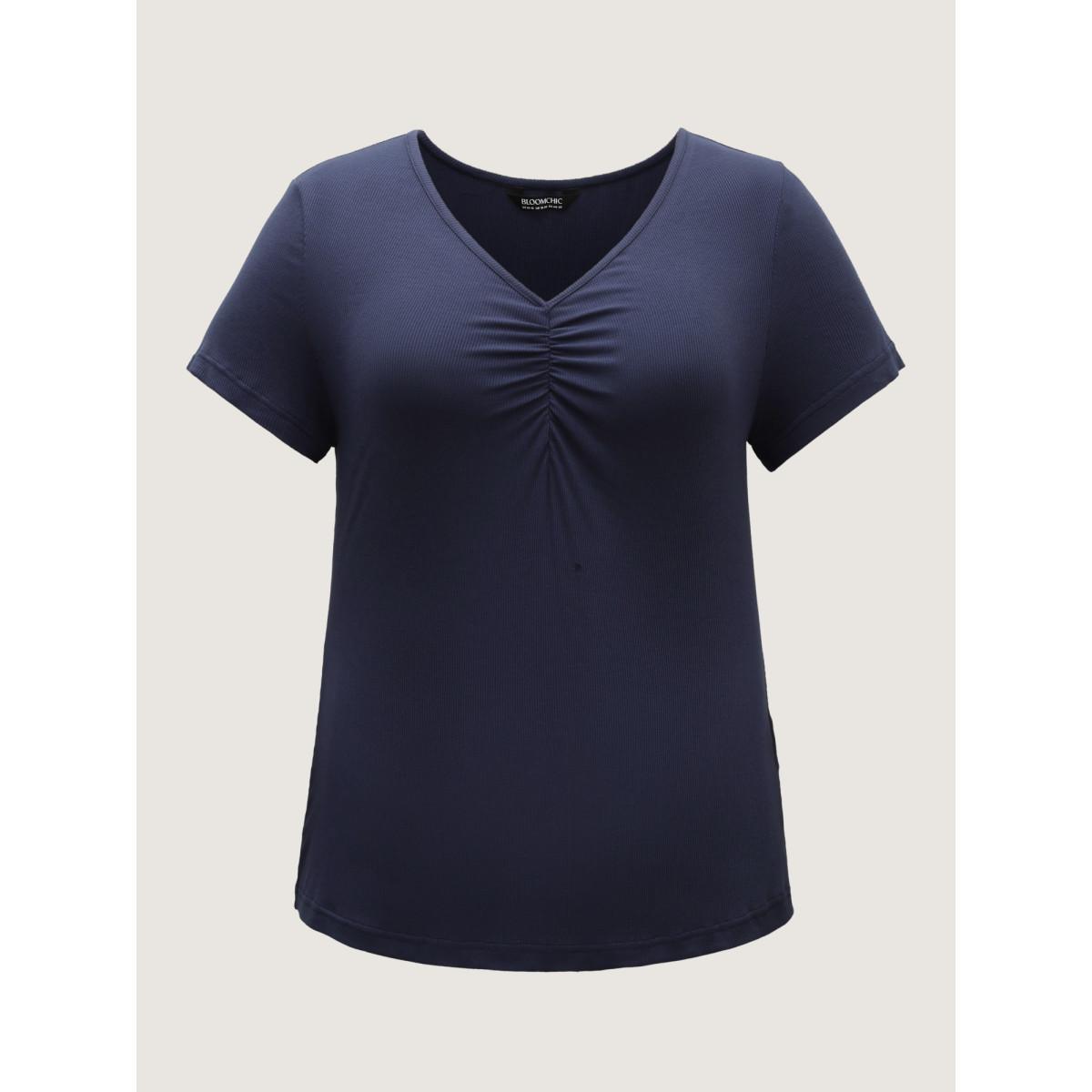 Plus Size Pleated Neckline Slim-Fit Plain T-Shirt Indigo Women Gathered V-neck Bodycon Everyday-Elegant T-shirts BloomChic 12/L Product Image