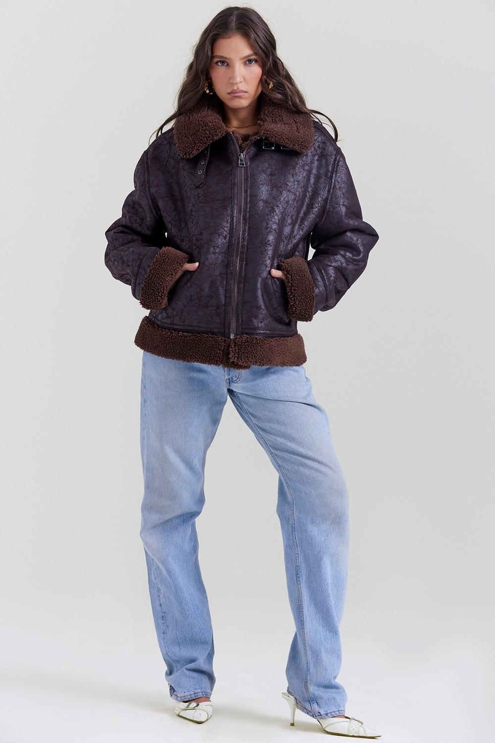 Madden Brown Vegan Shearling Aviator Jacket Product Image