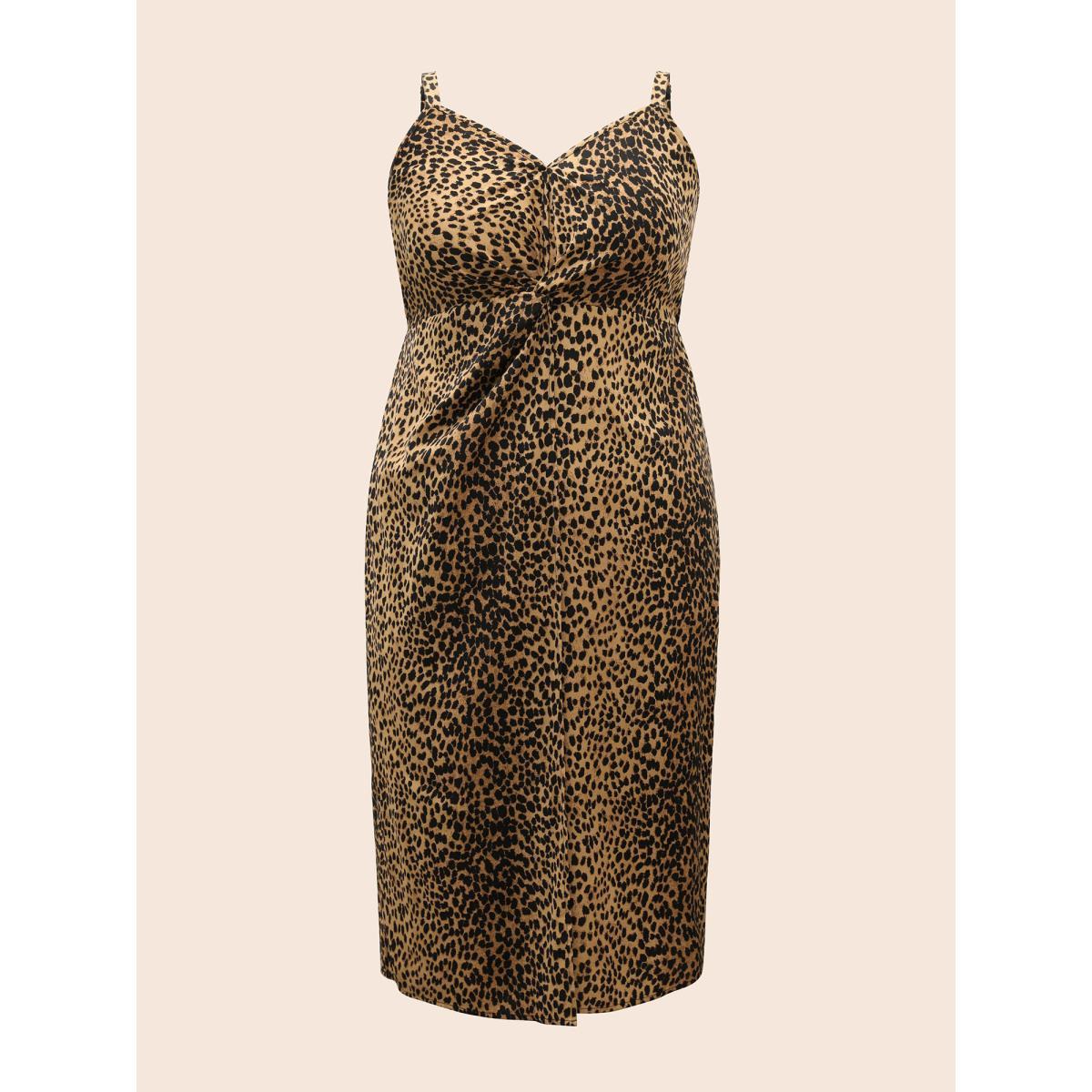 Plus Size Leopard Print Twist Front Cami Dress Bronze Women Elegant Twist Heart neckline Sleeveless Curvy BloomChic 30/6X Product Image